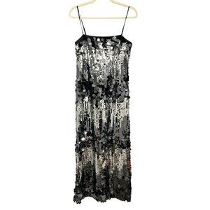 Le Al.X $249 Black & Silver Pailette Sequin Midi Dress Cocktail Medium New